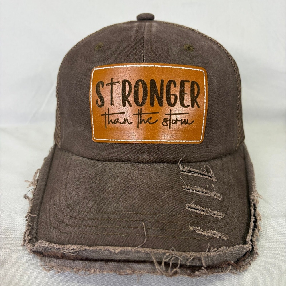 Stronger Than the Storm Christian Cross Patch Distressed Trucker Hat Snapback